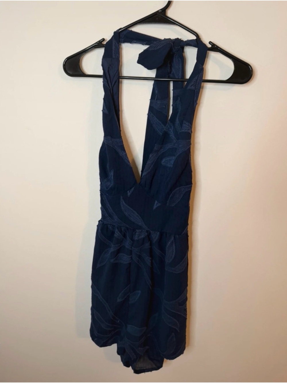Deep V‎ Navy Halter Romper with Leaf Motif
